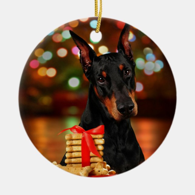 Doberman Christmas Ceramic Ornament (Front)