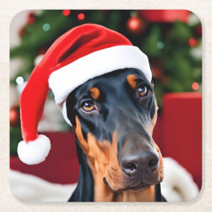 Doberman Christmas Square Paper Coaster