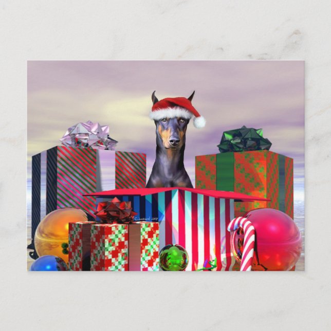 Doberman Christmas Surprise Holiday Postcard (Front)