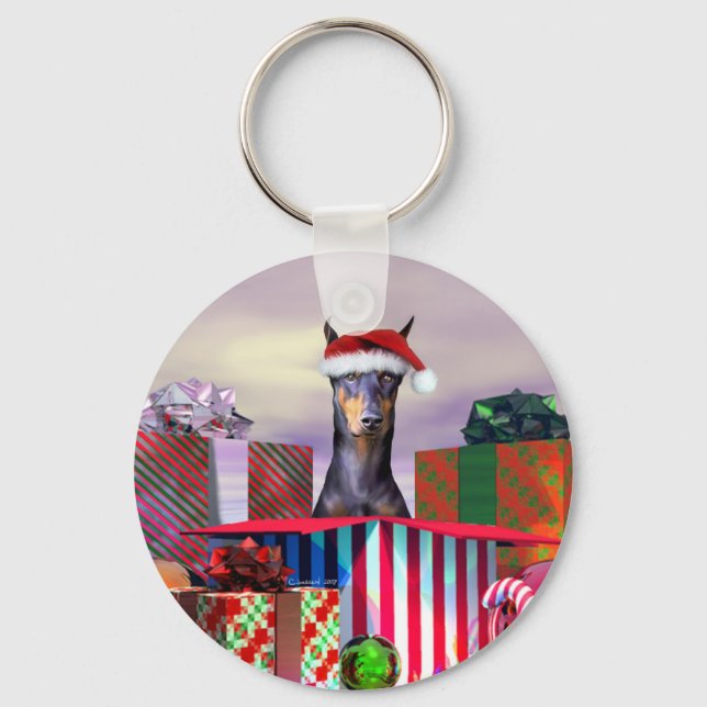 Doberman Christmas Surprise Keychain (Front)