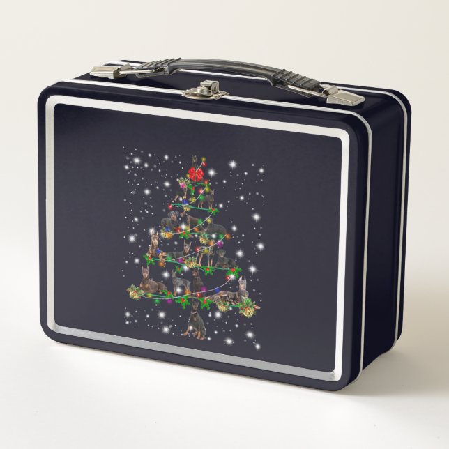 Doberman Christmas Tree Covered By Flashlight Metal Lunch Box (Front)