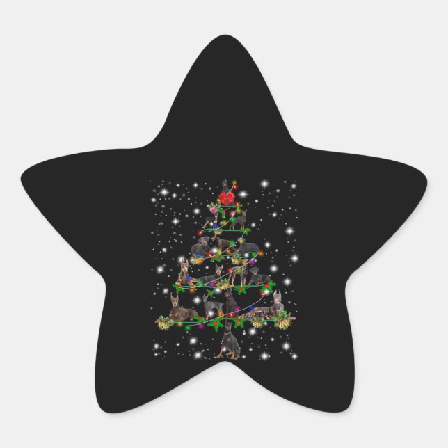 Doberman Christmas Tree Covered By Flashlight Star Sticker (Front)