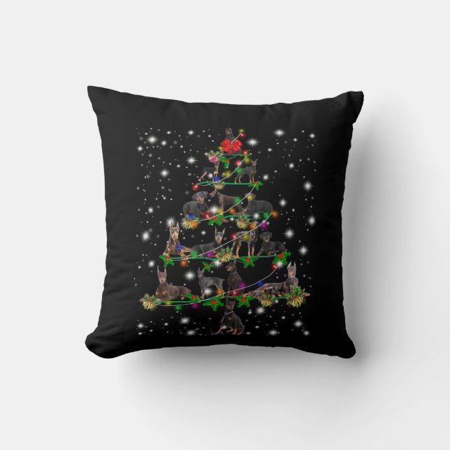 Doberman Christmas Tree Covered By Flashlight Throw Pillow (Front)