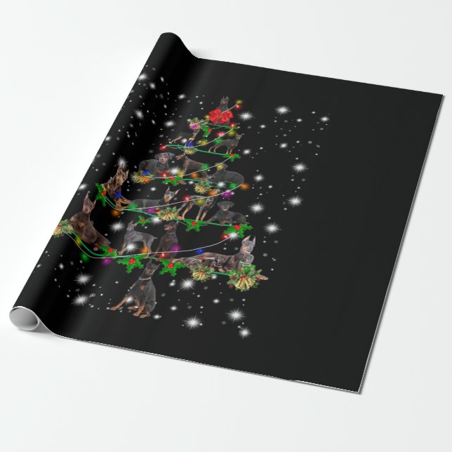Doberman Christmas Tree Covered By Flashlight Wrapping Paper (Unrolled)