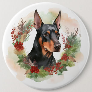 Doberman Christmas Wreath Festive Pup 6 Inch Round Button