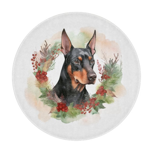 Doberman Christmas Wreath Festive Pup Cutting Board (Front)
