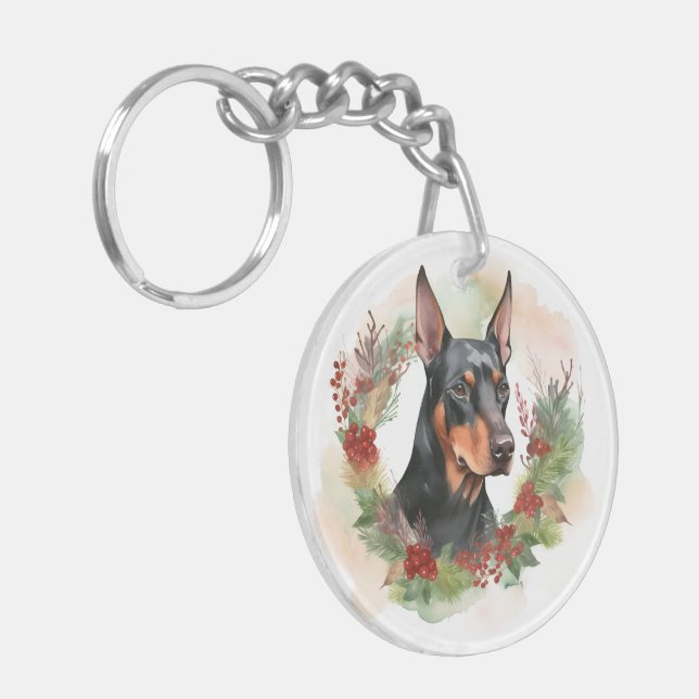 Doberman Christmas Wreath Festive Pup Keychain (Front Left)