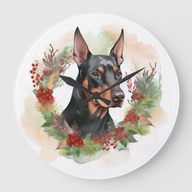 Doberman Christmas Wreath Festive Pup Large Clock (Front)