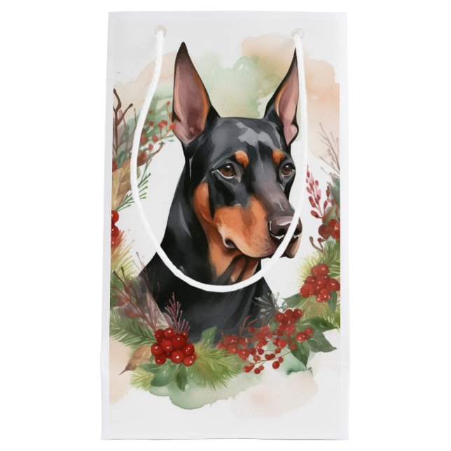 Doberman Christmas Wreath Festive Pup Small Gift Bag (Front)