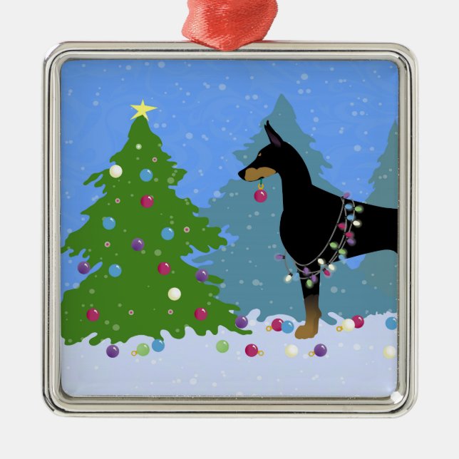 Doberman Decorating Tree in the Forest Metal Ornament (Front)