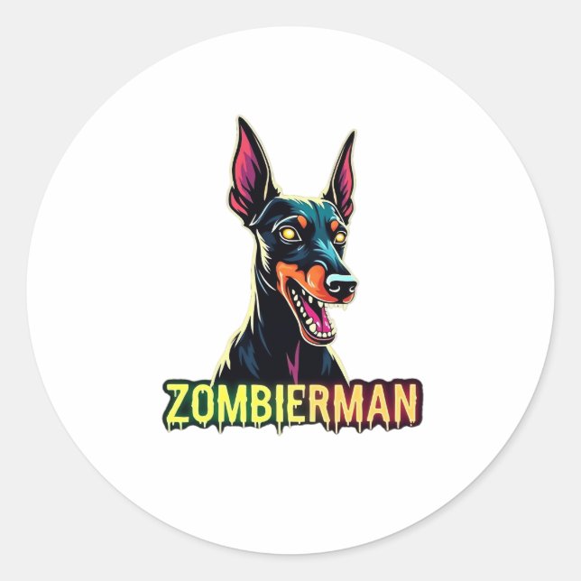 Doberman Dobie Doby Dobermann Zombie Dog Halloween Classic Round Sticker (Front)