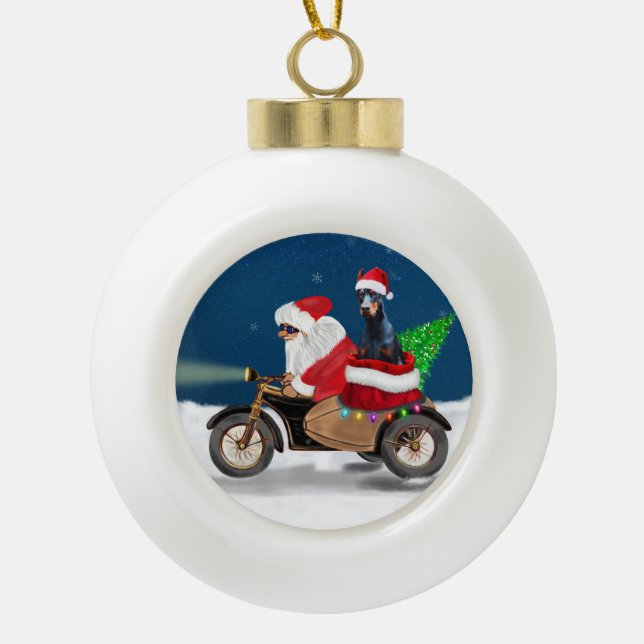 Doberman Dog Christmas Santa Claus   Ceramic Ball Christmas Ornament (Front)