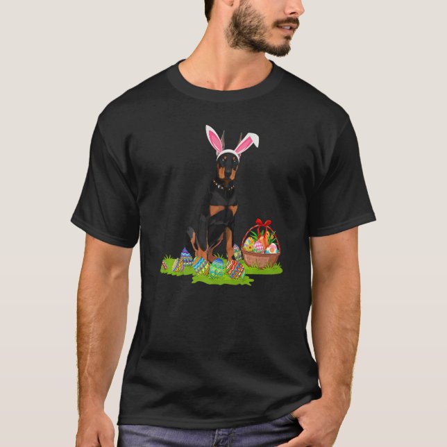 Doberman Dog Easter Egg Hunting Bunny Doberman Eas T-Shirt (Front)