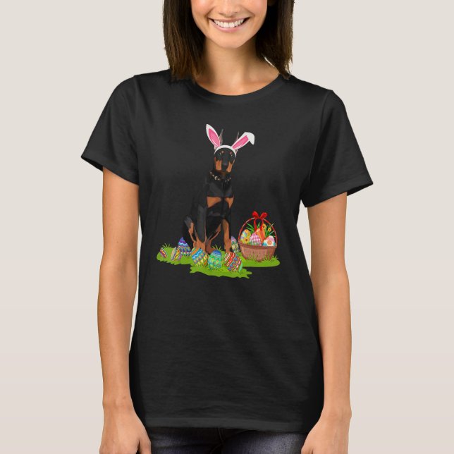 Doberman Dog Easter Egg Hunting Bunny Doberman Eas T-Shirt (Front)