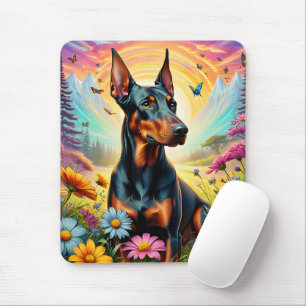 Doberman Dog, Flowers And Mountain Scene Mouse Pad