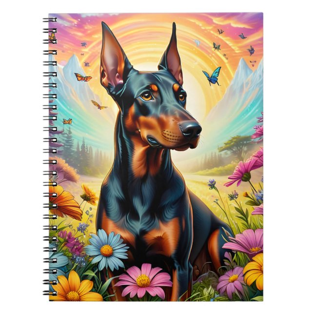 Doberman Dog, Flowers And Mountain Scene Notebook (Front)