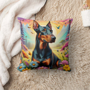 Doberman Dog, Flowers And Mountain Scene Throw Pillow