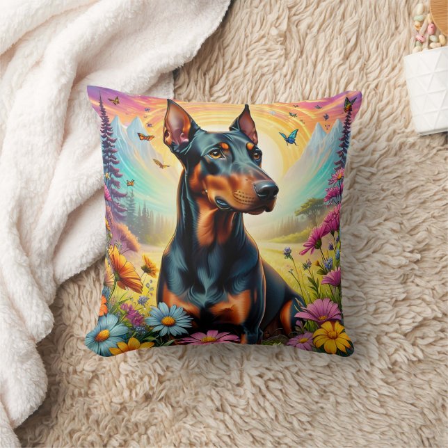 Doberman Dog, Flowers And Mountain Scene Throw Pillow (Blanket)