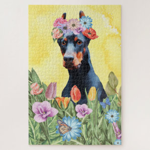 Doberman Dog Flowers Jigsaw Puzzle
