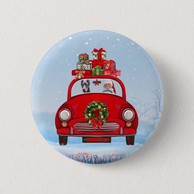 Doberman Dog In Car With Santa Claus 2 Inch Round Button (Front)