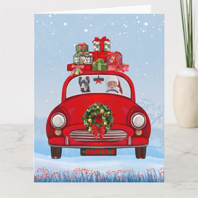 Doberman Dog In Car With Santa Claus Card (Front)