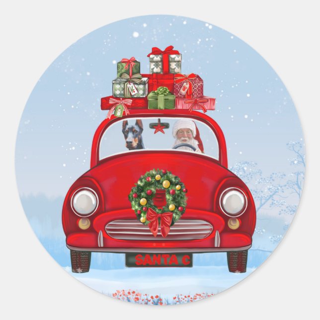 Doberman Dog In Car With Santa Claus  Classic Round Sticker (Front)