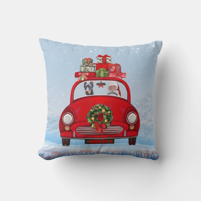 Doberman Dog In Car With Santa Claus Throw Pillow (Front)