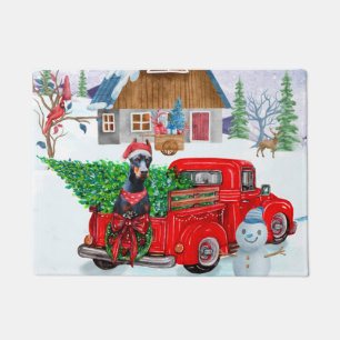 Doberman Dog In Christmas Delivery Truck Snow Doormat