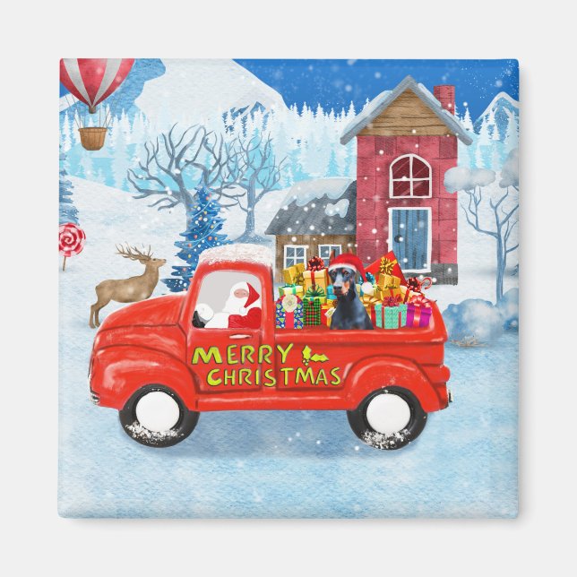 Doberman Dog in Christmas Delivery Truck Snow  Magnet (Front)
