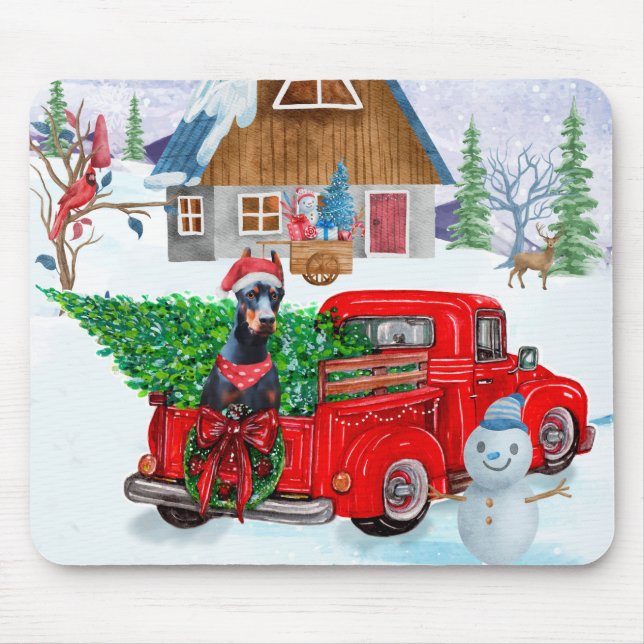 Doberman Dog In Christmas Delivery Truck Snow Mouse Pad (Front)