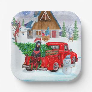 Doberman Dog In Christmas Delivery Truck Snow Paper Plate