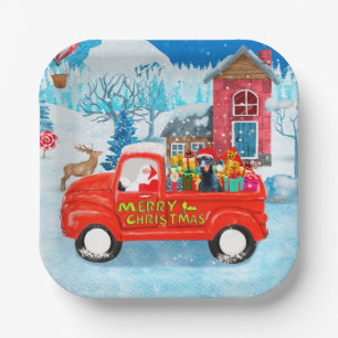 Doberman Dog in Christmas Delivery Truck Snow Paper Plate