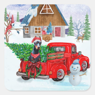 Doberman Dog In Christmas Delivery Truck Snow Square Sticker