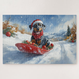 Doberman Dog in Sledge Let it Snow Christmas Jigsaw Puzzle