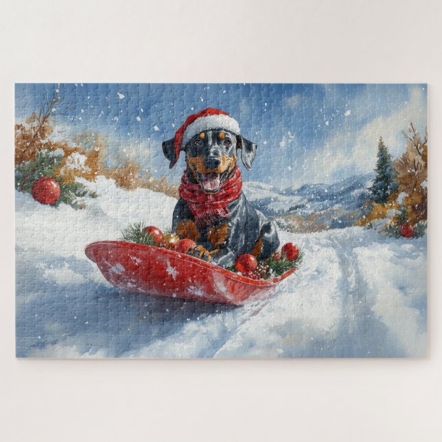 Doberman Dog in Sledge Let it Snow Christmas Jigsaw Puzzle (Horizontal)