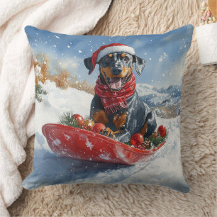 Doberman Dog in Sledge Let it Snow Christmas Throw Pillow