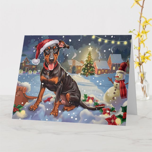 Doberman Dog in Sleigh Snow Christmas Card (Yellow Flower)