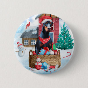 Doberman Dog In snow Christmas Dog House 2 Inch Round Button