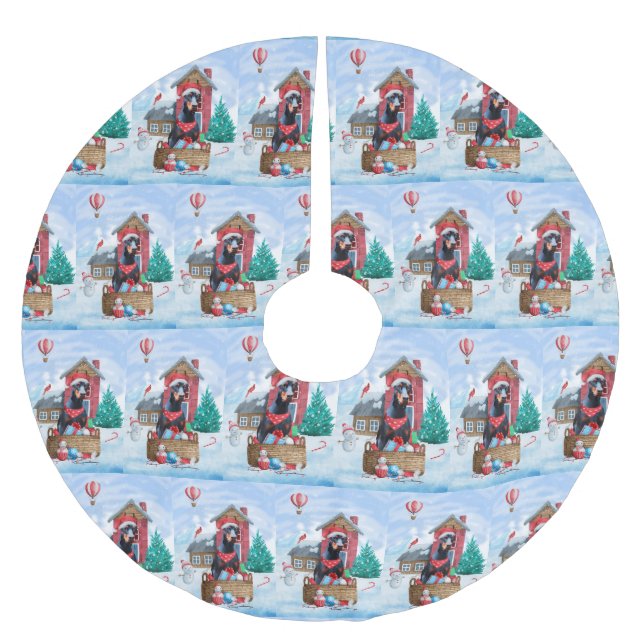Doberman Dog In snow Christmas Dog House Brushed Polyester Tree Skirt (Front)