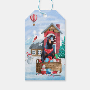 Doberman Dog In snow Christmas Dog House Gift Tags