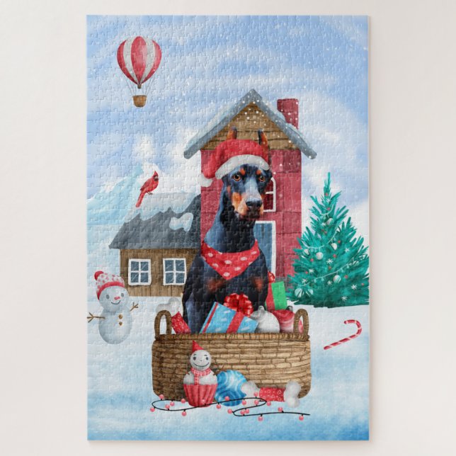 Doberman Dog In snow Christmas Dog House Jigsaw Puzzle (Vertical)