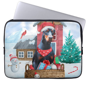 Doberman Dog In snow Christmas Dog House  Laptop Sleeve
