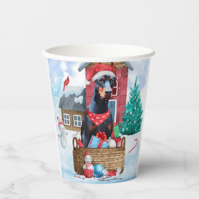 Doberman Dog In snow Christmas Dog House Paper Cups (Front)