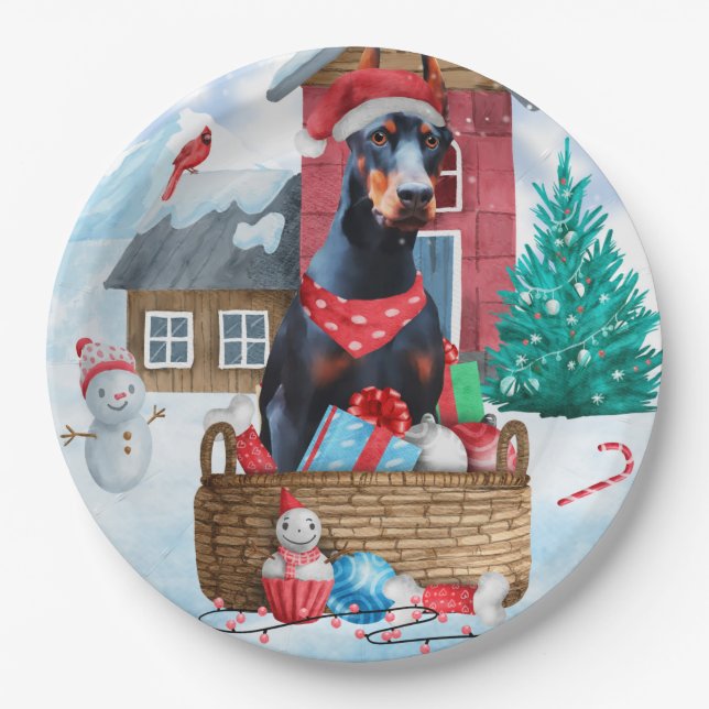 Doberman Dog In snow Christmas Dog House Paper Plate (Front)