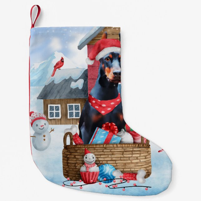 Doberman Dog In snow Christmas Dog House Small Christmas Stocking (Front)
