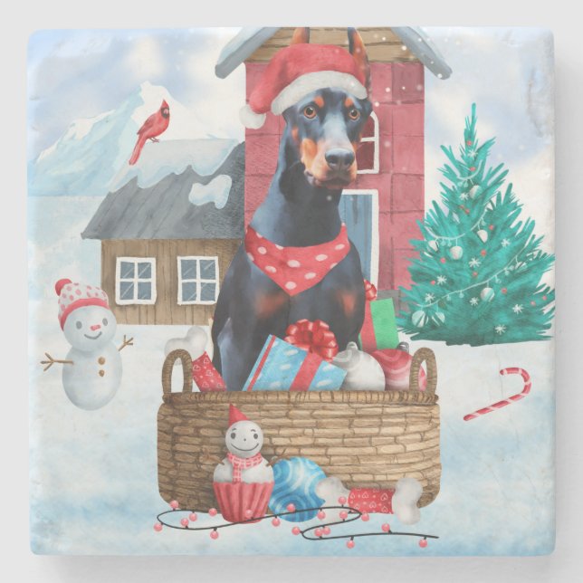 Doberman Dog In snow Christmas Dog House Stone Coaster (Front)