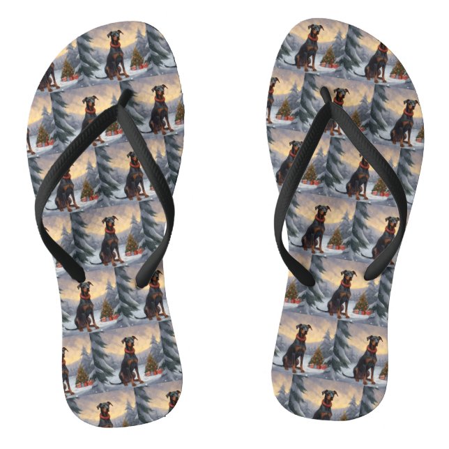 Doberman Dog in Snow Christmas  Flip Flops (Footbed)