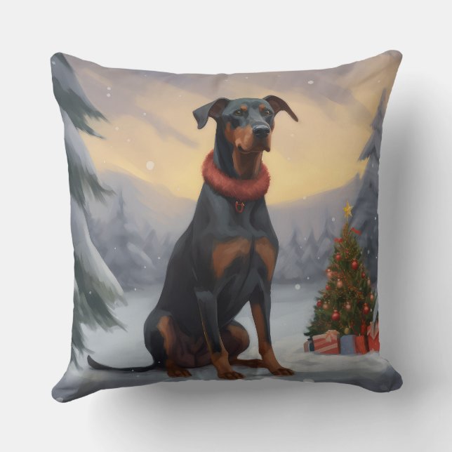 Doberman Dog in Snow Christmas  Throw Pillow (Back)