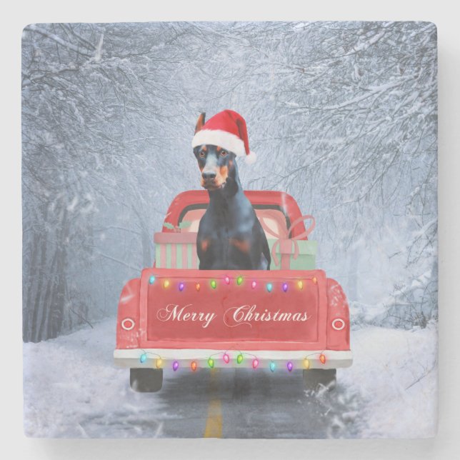 Doberman Dog in Snow sitting in Christmas Truck  Stone Coaster (Front)