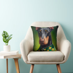 Doberman Dog in St. Patrick's Day Dress Throw Pillow